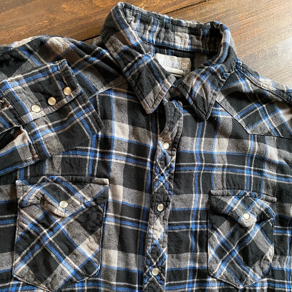 Wrangler Wrancher Mens 2XT Western Plaid Pearl Snap Flannel Shirt Blue Gray